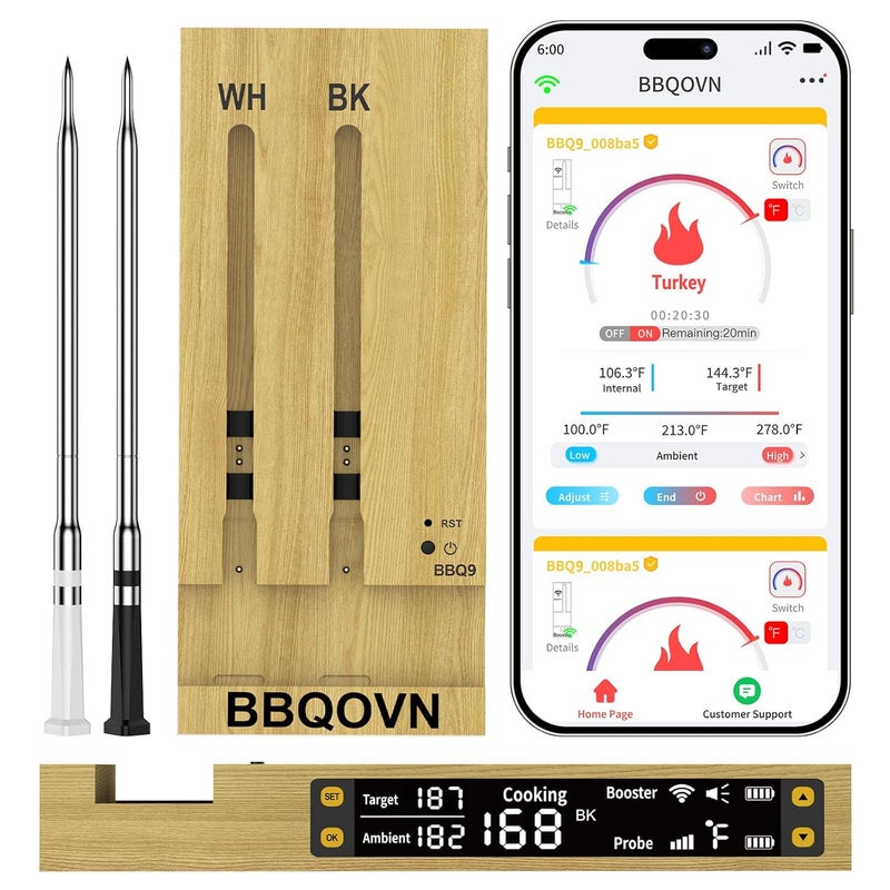 BtcLink WIFI Wireless Meat Thermometer Unlimited Range 7 NIST Certified Accuracy Sensors Sub-1G(10X Stronger than Bluetooth)APP&Magnetic Smart Digital Base for BBQ,Oven,Smoker,Grill (2, black, small) - Image 1